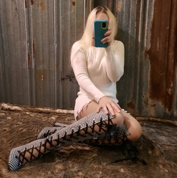 Shoes - Plaid Lace Up Over the Knee Boots